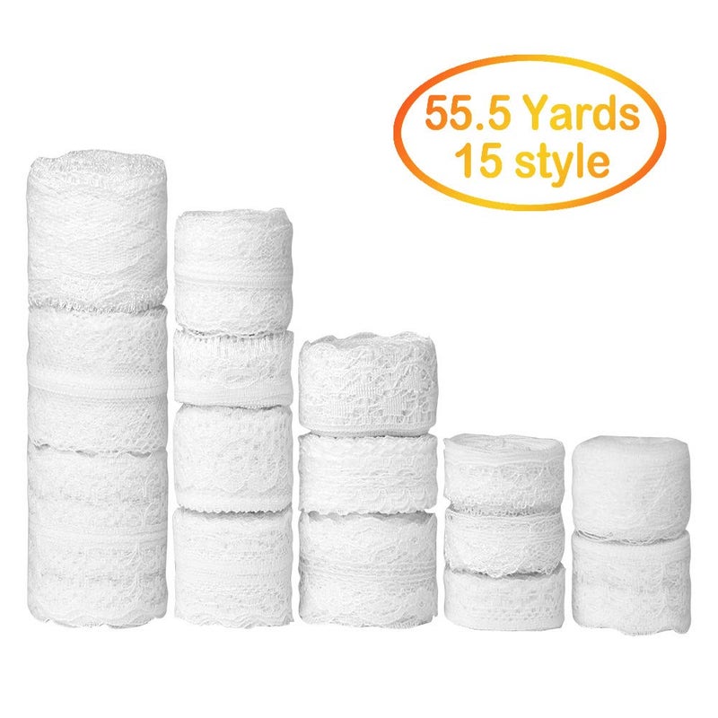 FEPITO 15 Rolls 55.5 Yard White Lace Trim Ribbon Assorted Patterns Cream Vintage Lace Ribbons for Sewing DIY Making and Bridal Wedding Decorations - Image 2